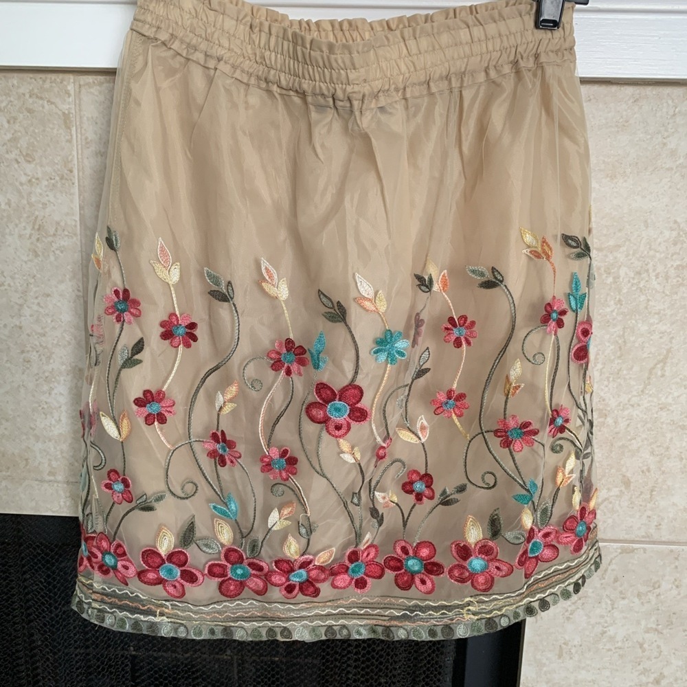 Womens August Silk Cream Floral Embroidered A Line Skirt Mesh Size S - Picture 2 of 4